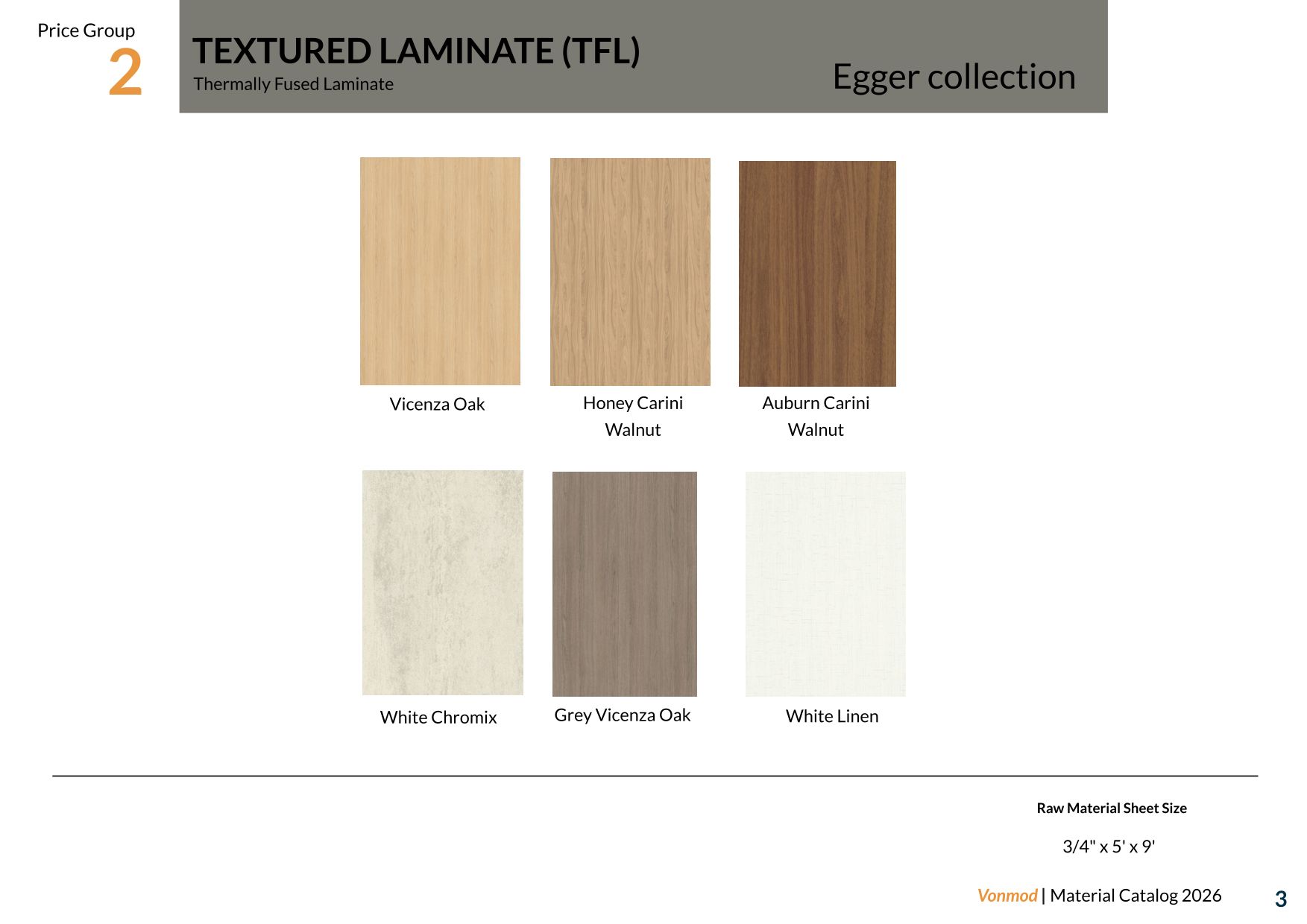 vonmod-textured-tfl-laminate-finish-options-internal.jpg Textured thermally fused laminate samples showing woodgrain and light neutral finish options.