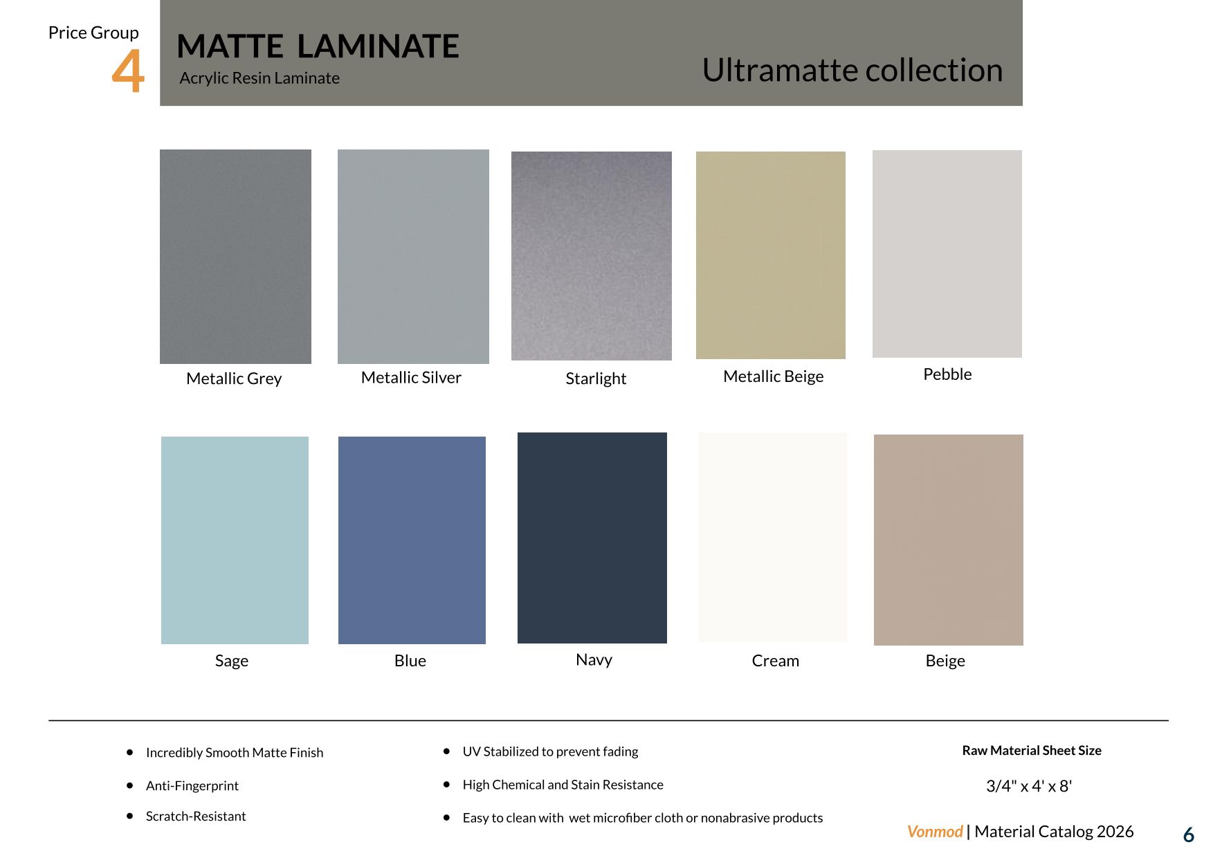 vonmod-ultramatte-acrylic-laminate-color-options-internal.jpg Ultramatte acrylic laminate finish samples showing neutral, metallic, and muted color options.