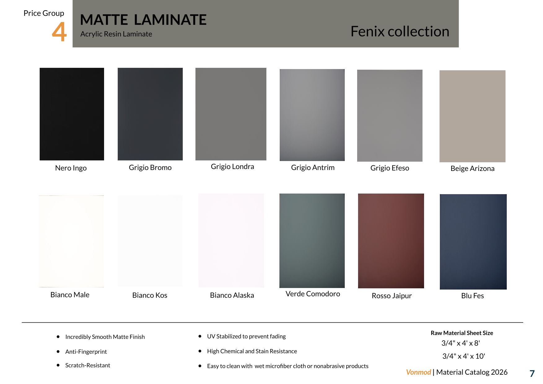 vonmod-matte-acrylic-laminate-fenix-color-options-internal.jpg Matte acrylic laminate finish samples showing dark, neutral, and muted color options.