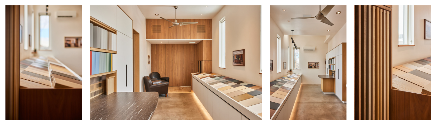 vonmod-material-gallery-interior-wood-denver.jpg Material gallery interior showing cabinetry samples, wood slat detailing, and a long central material wall.