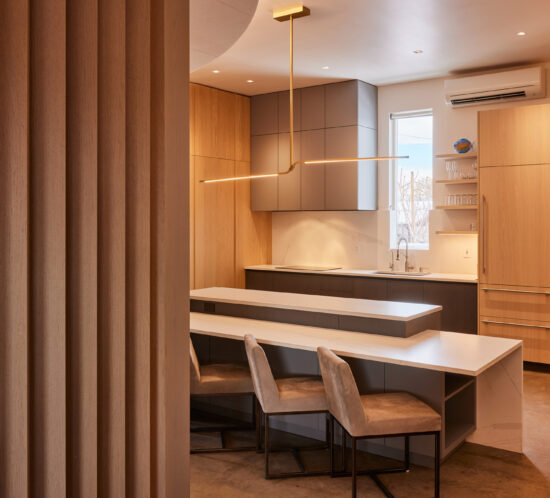 Showroom studio kitchen with wood fin wall, island workspace, and integrated appliances in Denver