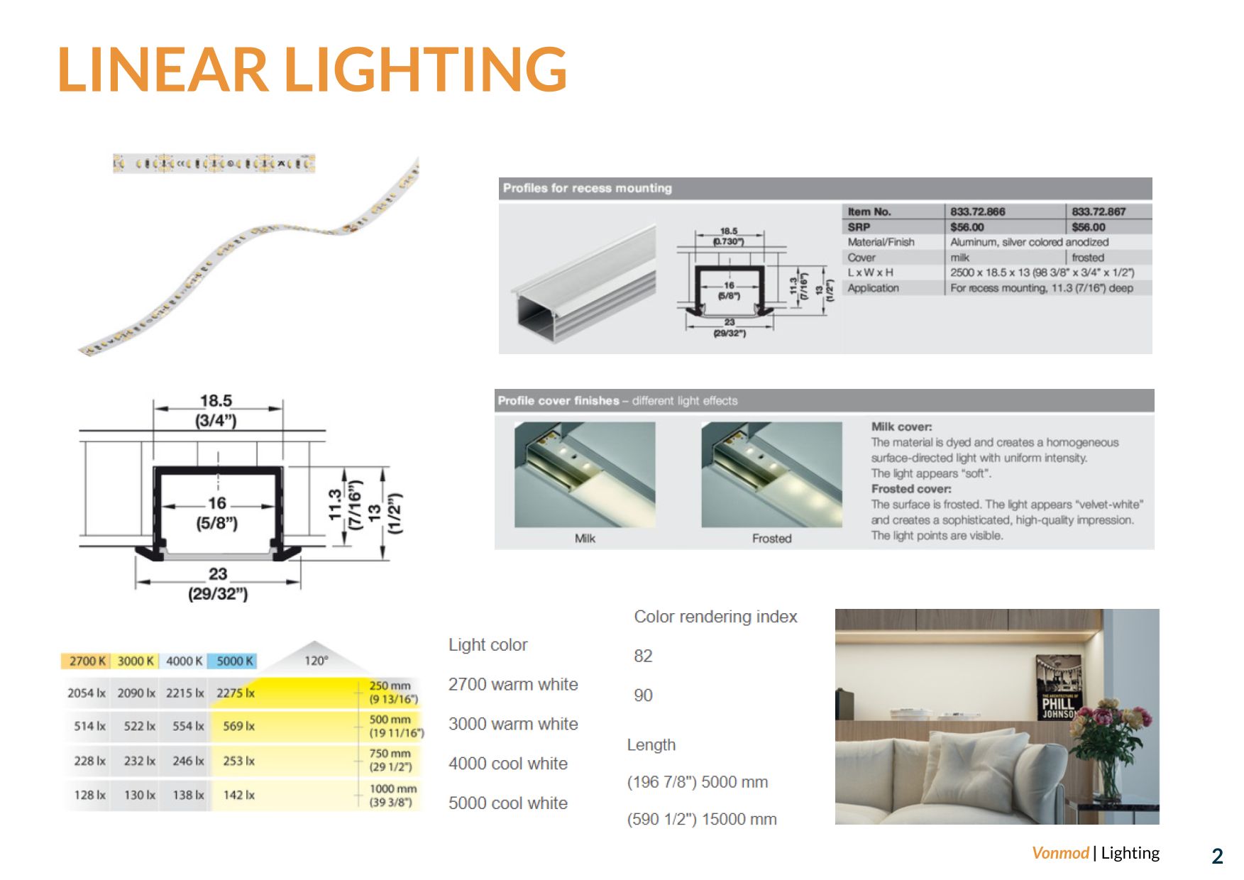 Linear LED lighting system showing recessed aluminum profiles, cover options, dimensions, and light output examples.