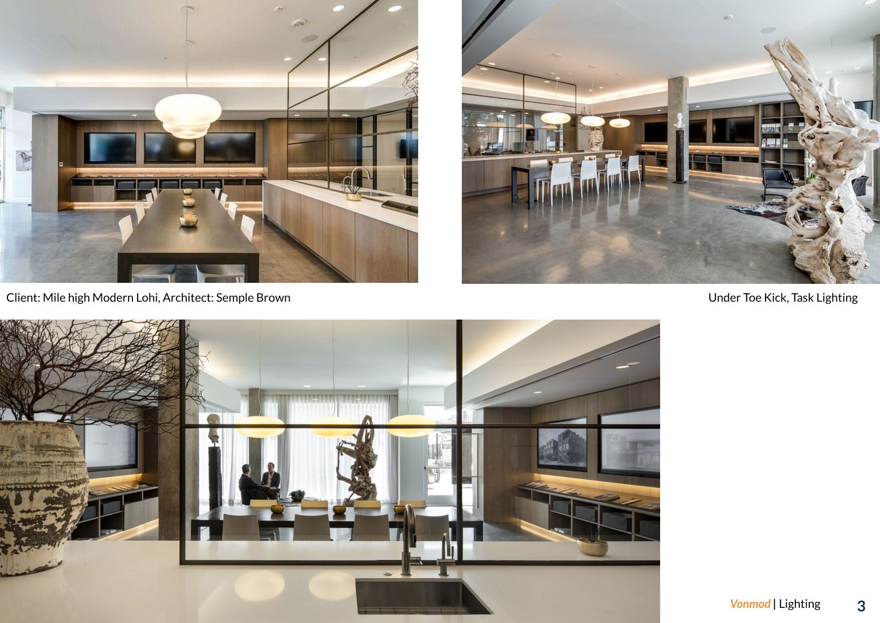 Interior spaces showing integrated cabinetry lighting with under-cabinet and toe-kick illumination.